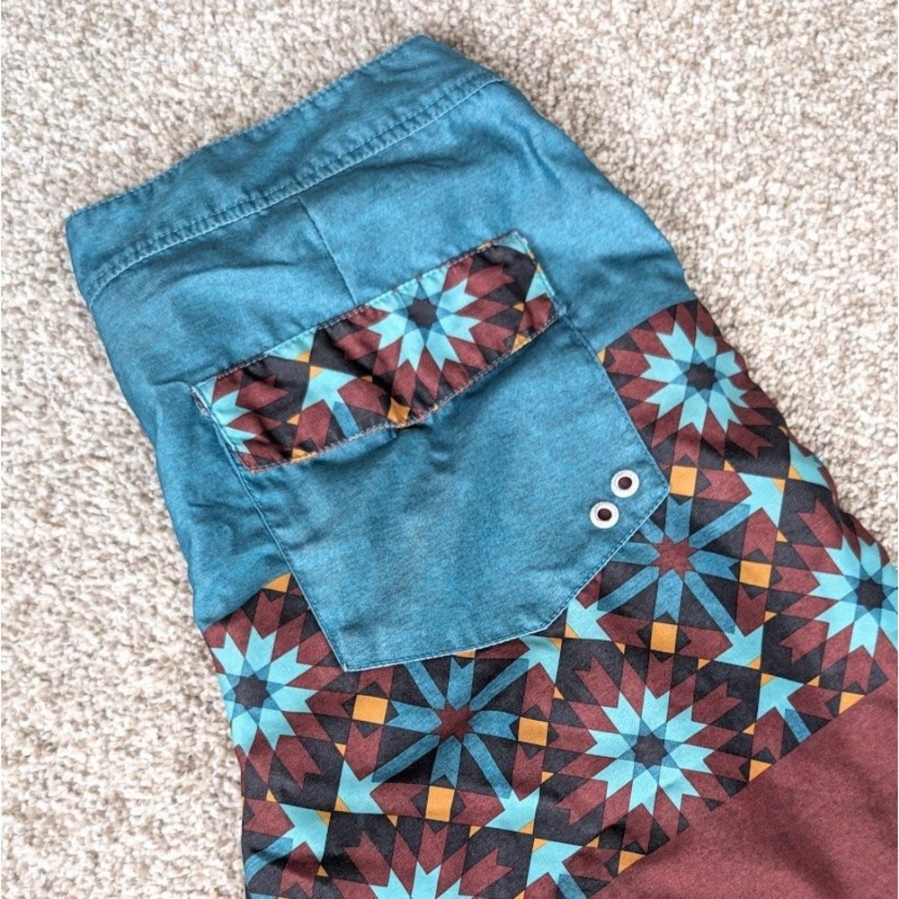 FREEWORLD‎ Mens Geometric Print Board Shorts Teal Brown Size 30 Swim Trunks